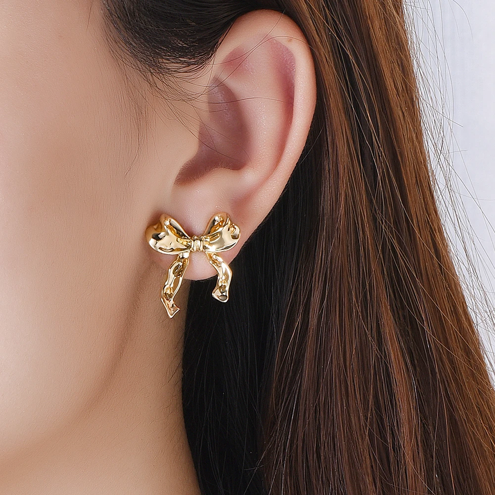 Medsor Retro Metal Ruffled Bow Earrings Gold Fashion Accessories Jewelry Gift For Girlfriend's Party Or Wedding