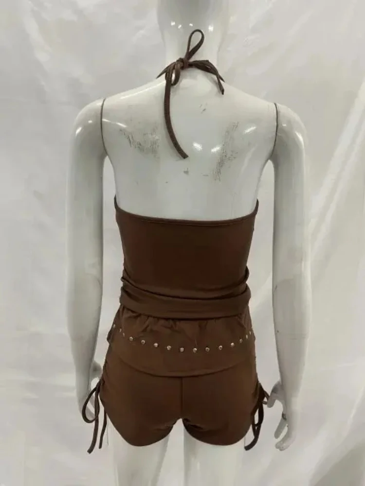 Harajuku estética calle clásico cordón tres partes pantalones cortos moda versátil sólido cuello corbata Metal Rhinestone chaleco ajustado conjuntos