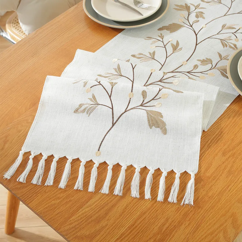 

Nordic Embroidery Plant Table Runner Khaki Leaves Tassel Tea Table Mat Cotton Linen Table Runner Dining Room coffee Table Decor