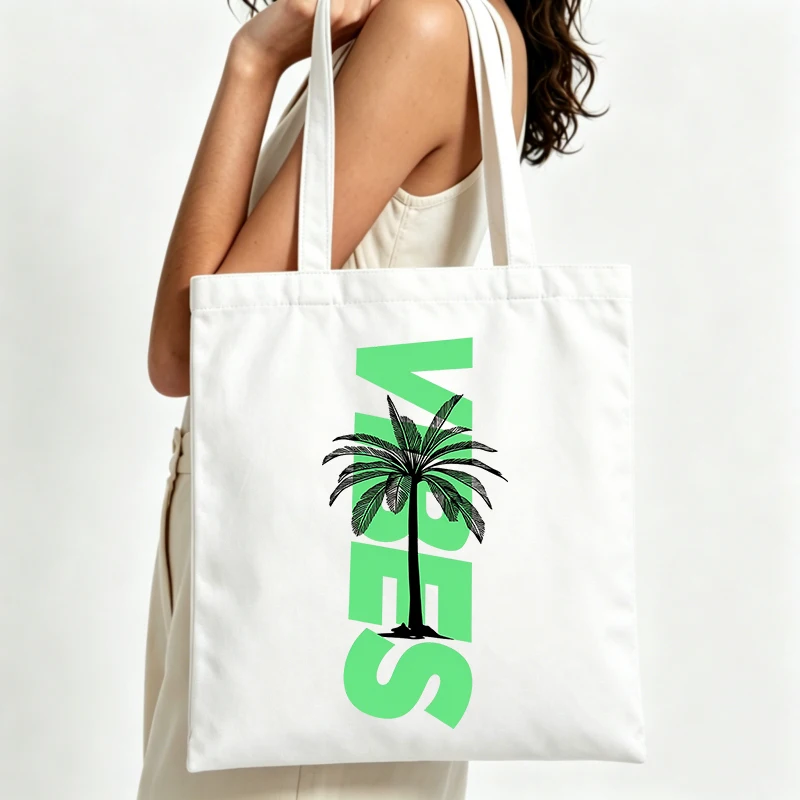 palm tree and letter print canvas tote bag, casual style for summer shopping and daily outings