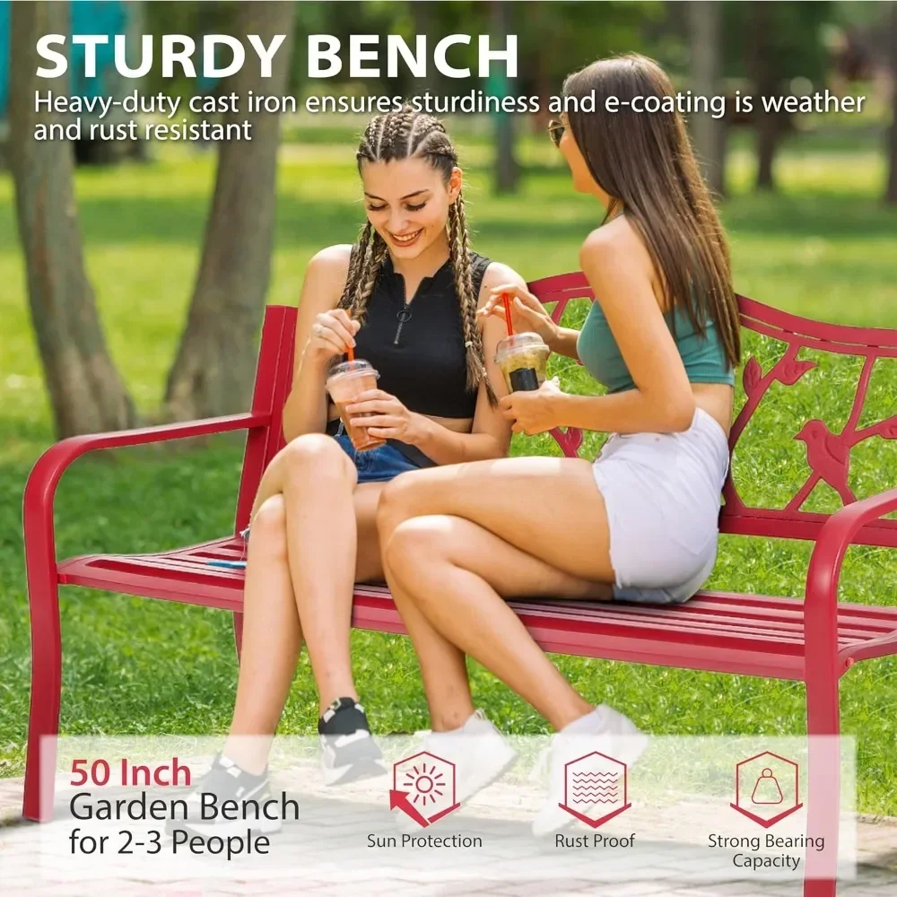 Outdoor Patio Metal Park Bench with Backrest and Armrests, Red Steel Frame, Outside Benches, Porch, Garden, Free Shipping