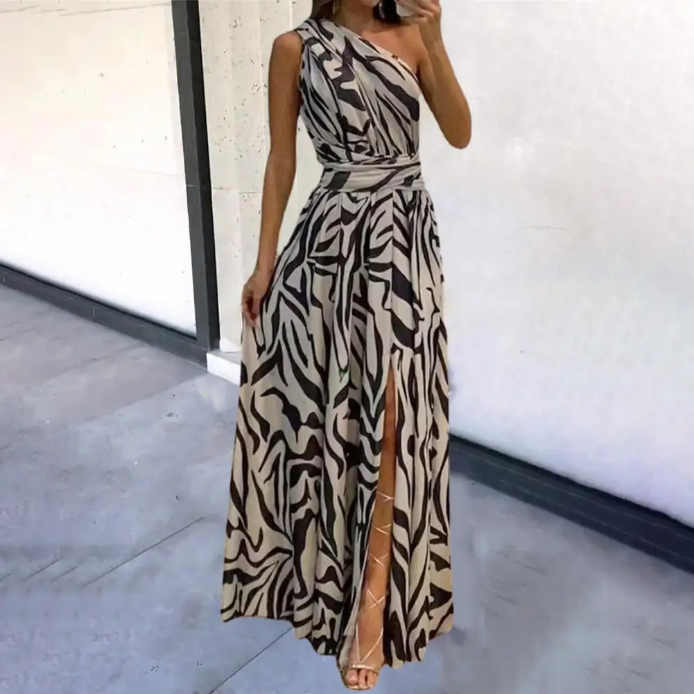 

One-shoulder Party Dress Stunning One Shoulder Maxi Dress Vibrant Contrast Print Flattering High Waist Elegant Loose for Summer