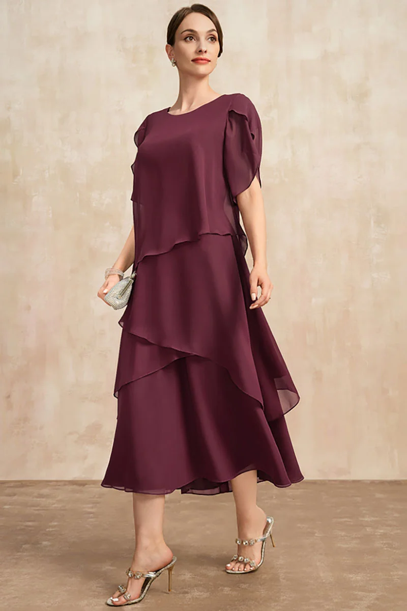 Plus Size Temperament Chiffon Mother Of The Bride Dress Irregular Layered Hem Short Sleeve Maxi Dress Summer Party Dress