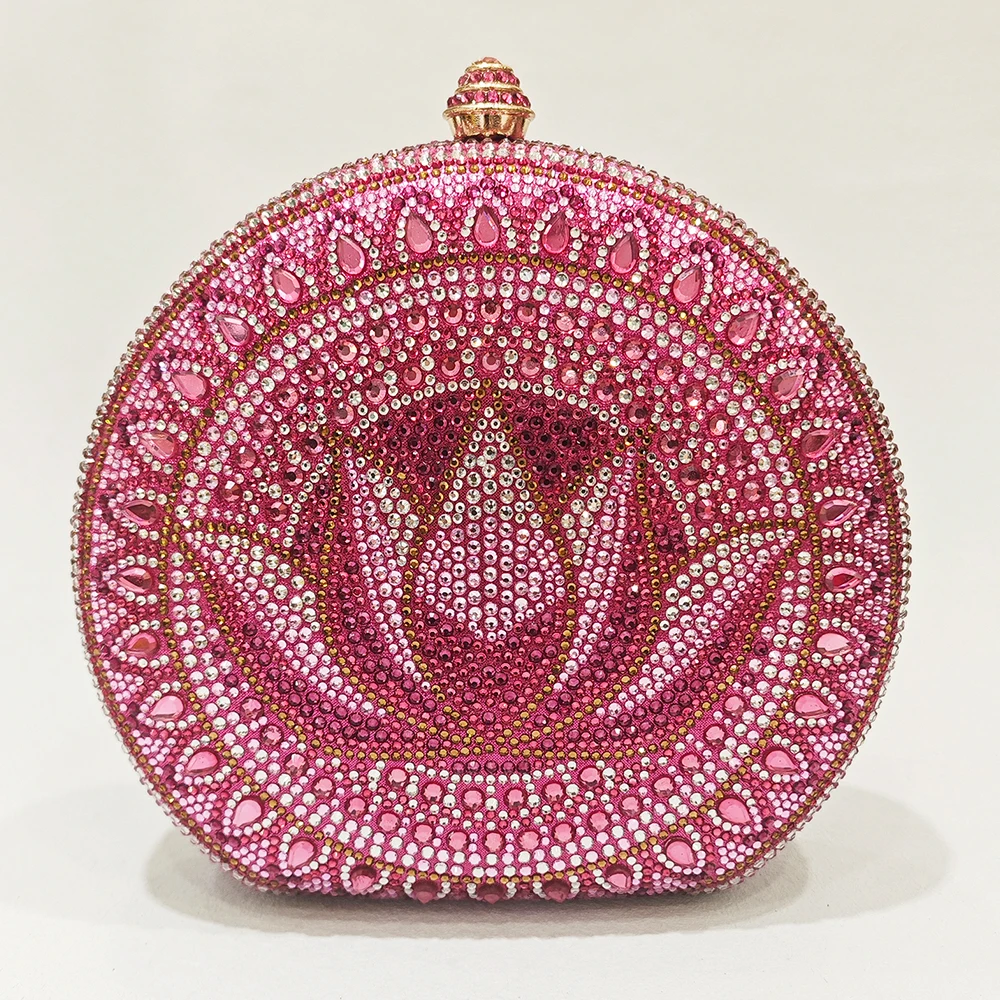 Round Diamond Evening Bag Clutch Pink 7 Colors Crystal Women Shoulder Handbags New Lotus Dinner Bridal Clutches Party Prom Purse