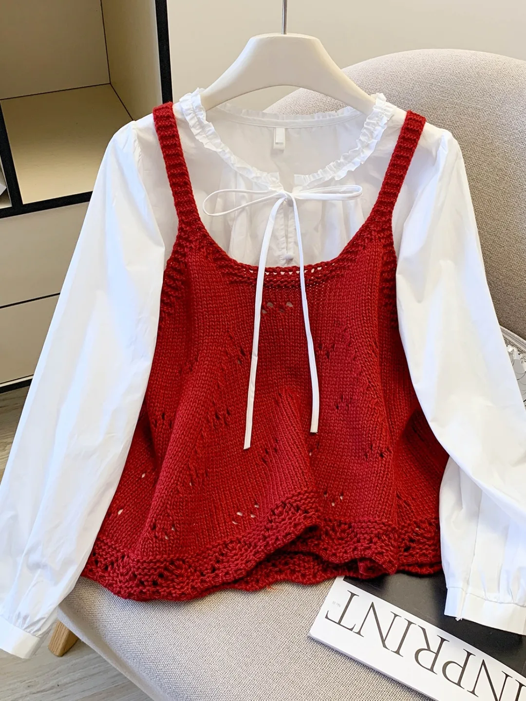 

Long Sve Lace Collar Knitted irt Women's Two-Piece Set with Belt Hollow out Design Commute Sle Korean Loose Fit irt