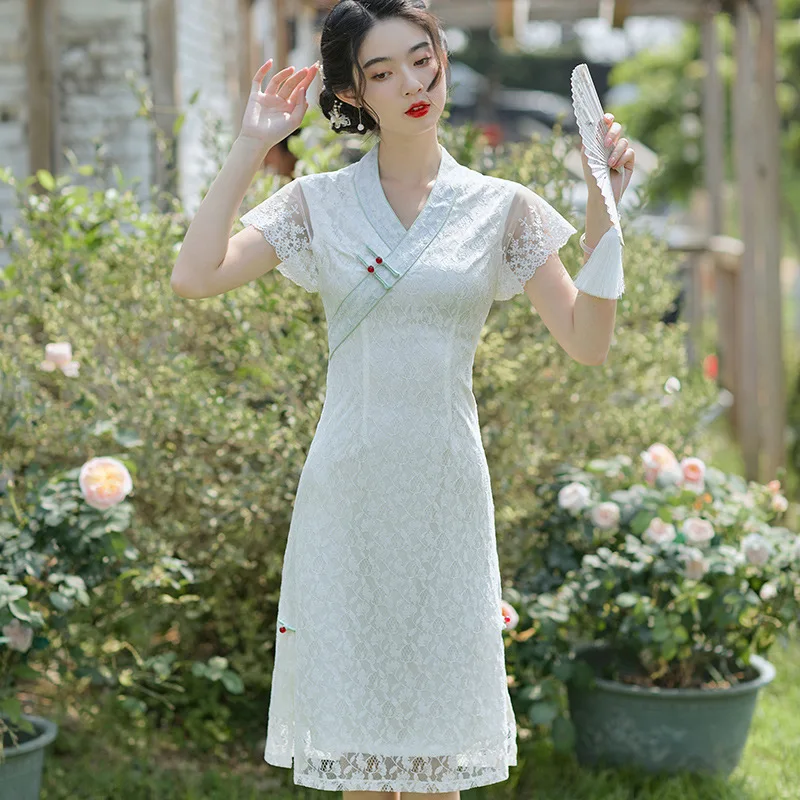 

V Neck Women Qipao Short Sleeve Lace Chinese Cheongsam Hanfu Style Vintage Button Clothes Tight Classic Evening Party Vestidos