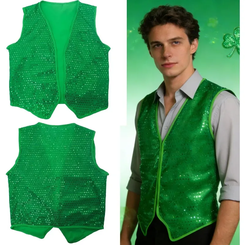 

IZUS St.Patrick's Day Irish Green Vest Lightweight Festive Outfit Theme Party Men Irish Holiday Medium Costume Vest Outerwear