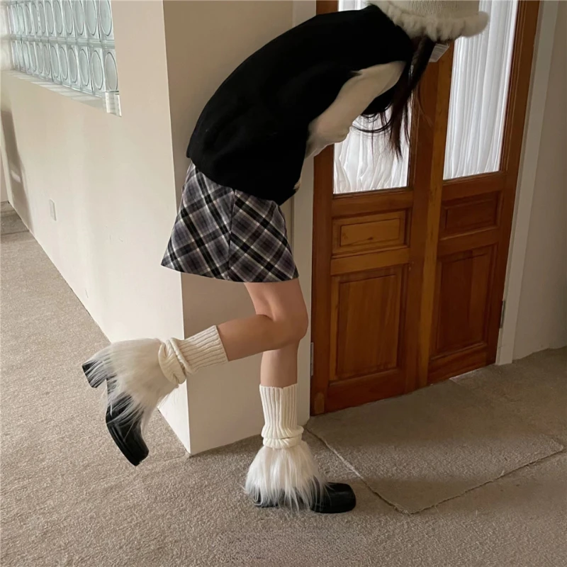 Tube Socks Color Leg Shaping Handmade Belt Furry Tassel Knitted Fabric Foot Hot Girl Bright Color Regular Size Autumn SolidColor