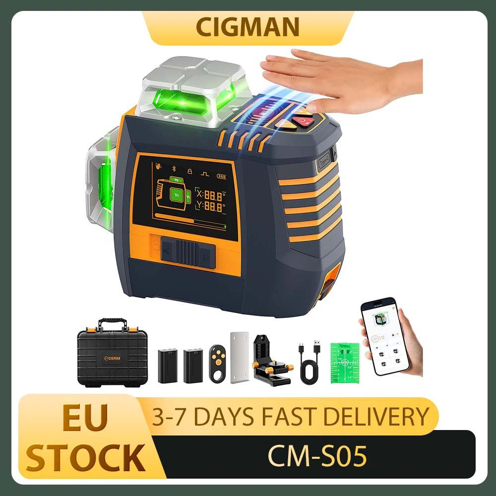 CIGMAN CM-S05 12-Linien-Lasernivelliergerät, Gestensteuerung, 3 × 360° °   Grüner Laser, ±3 °   Selbstnivellierend, LCD-Echtzeitanzeige, IP54