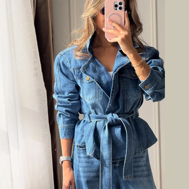 Revers-Taillenbetonende Schnür-Jeansjacken-Hosen-Sets für Damen, Street-Style, Langarm-Slim-Jacken, Weitbein-Hosen, Schicke Damen-Outfits – Detail 4