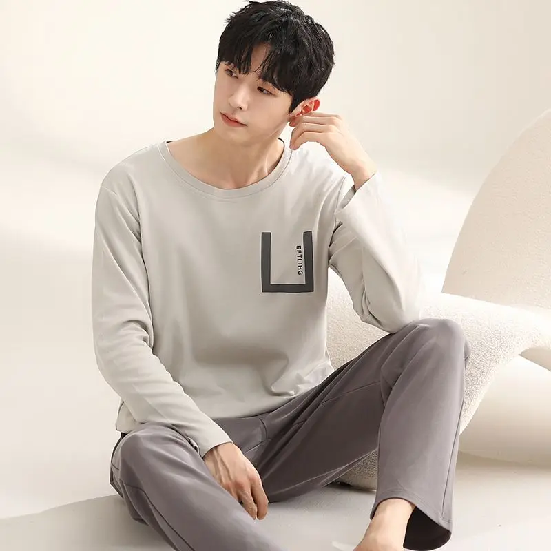 男性用長袖パジャマセット,韓国パジャマ,ルーズフィット,綿100%,高品質,秋,2022