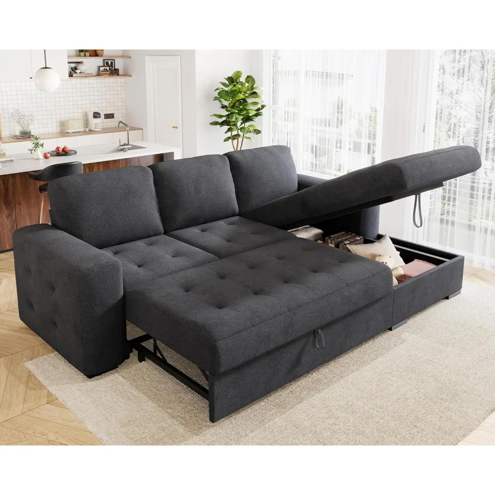 

96" Sofa Bed Couch with Storage Chaise, Convertible Sleeper Sofa, Sleeper Couch with Pull Out Bed for Living Room(Grey)