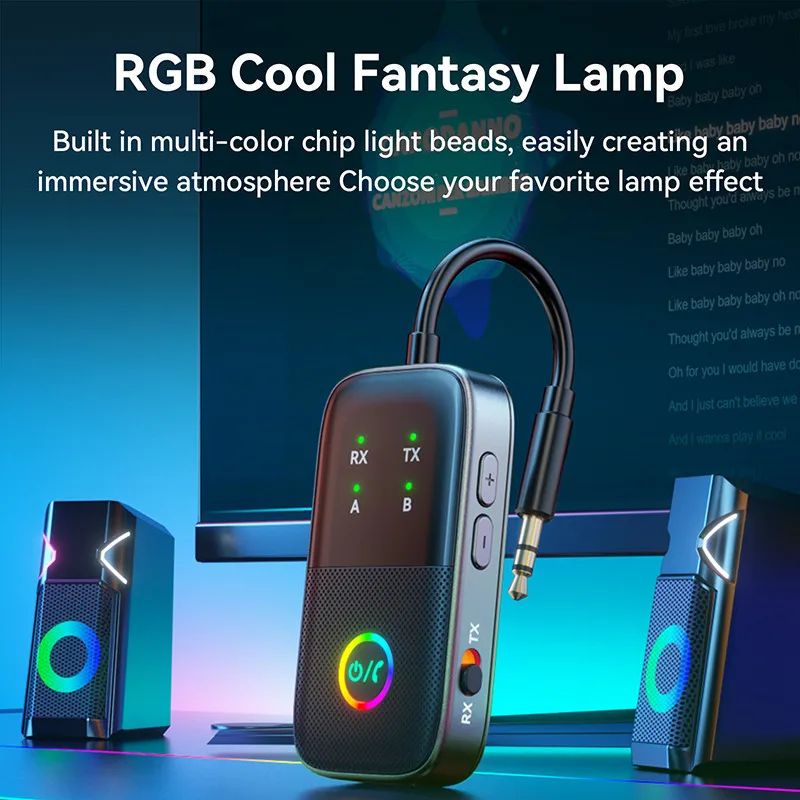 2-in-1 무선 어댑터 Bluetooth 송신기 수신기 자동차 헤드폰 앰프 용 RGB 효과가있는 듀얼 장치 연결