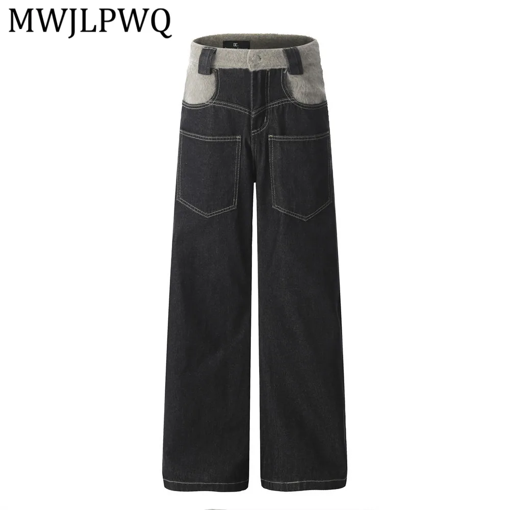 

Джинсы MWJLPWQ Tide Plush Patchwork с множеством карманов для мужчин, осенние, в американском стиле High Street, прямые широкие брюки с эффектом потертости 13956