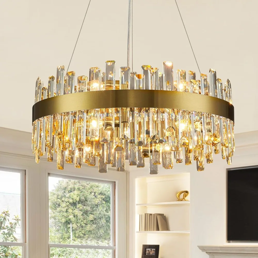 

Modern Crystal Chandelier Brass Gold Round 2 Tiers K9 Crystal Raindrop Chandelier 12 Lights Luxury Large Pendant Ceiling Light