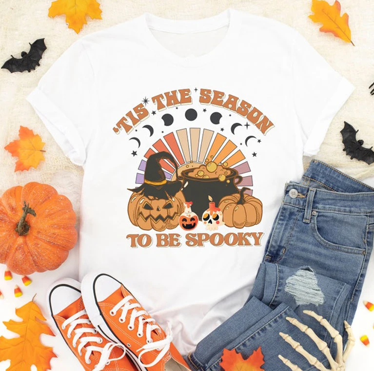 

colored tis the season to be spooky tshirt retro women short sleeve pumpkin Halloween tee shirt