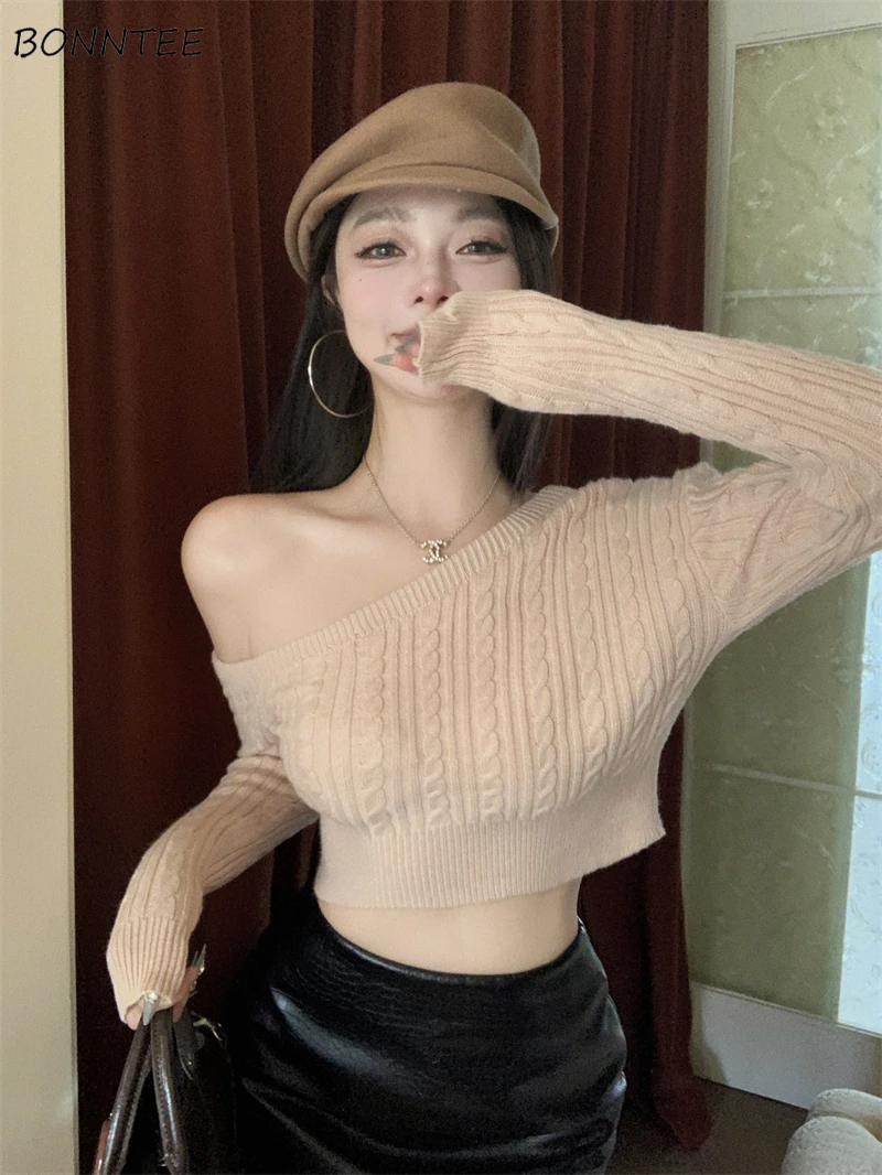 

Cropped Pullovers Women Slim Vintage Sweaters Gentle Sexy Girls Skew Collar Tender European Style Streetwear All-match Simple