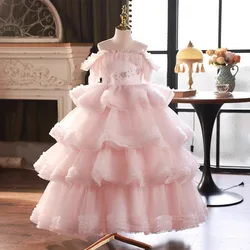 2024 Girls' Solid Princess Dresses Wedding Bridesmaid Children Costumes Girl Ceremonial Cake Dress Party Wedding Noble Ball Gown