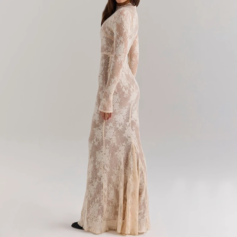 Spitze Neues Langarm-Kleid mit Rundhalsausschnitt Sexy Hot Girl French Slim Cutout Hüftlanger Rock