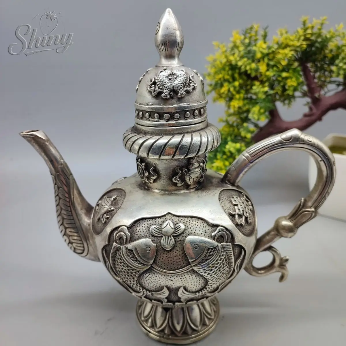 

Китайская антикварная коллекция, белый медный горшок для карпа, чайник Lucky Koi, горшок для вина, украшение дома, подарки, украшения ручной работы