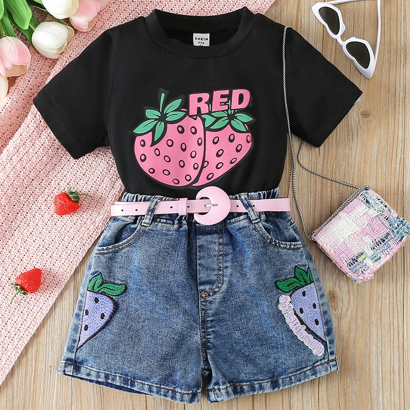 New 2-6 Years Summer Girls Clothing Set Cartoon Strawberry T-shirt + Short Jeans 2Pcs Suit For Kids Children Birthday Present