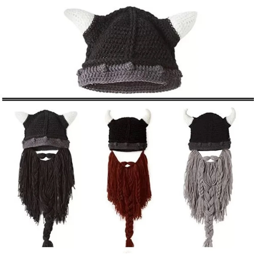 Winter Cos Personality Party Horns Bearded Funny Beanies Skull Hat Outdoor Warm Autumn Snow Viking Blacksmith Cold Cap Cool W189