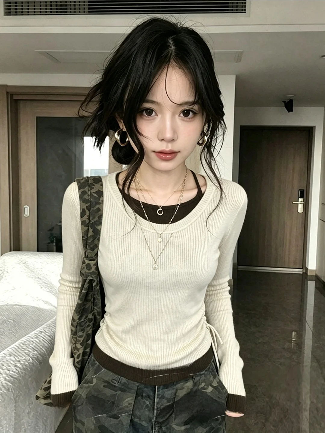 Korean Style Long Sleeve U-Neck Drawstring Fake Two-Piece Knitted Top Women Slim Fit Base Layer Trendy Inner Wear Autumn Winter