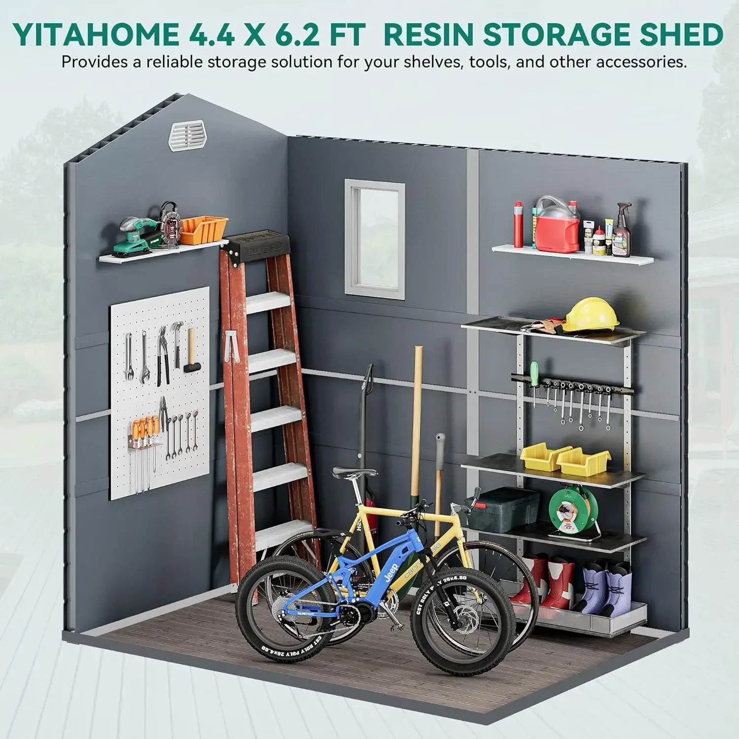 4.4x6.2FT Outdoor Resin Storage Shed w/o Floor, All-Weather Plastic Shed with Lockable Doors, Window & Vents