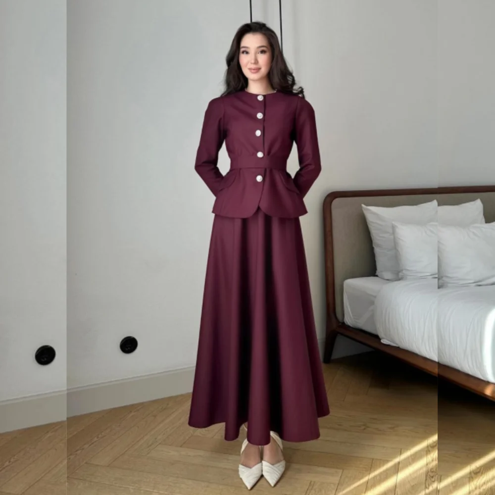 

Customized A-line Draped Button Prom Gowns Tea-Length O-Neck Long Sleeve Evening Dresses Simple Party Dresses