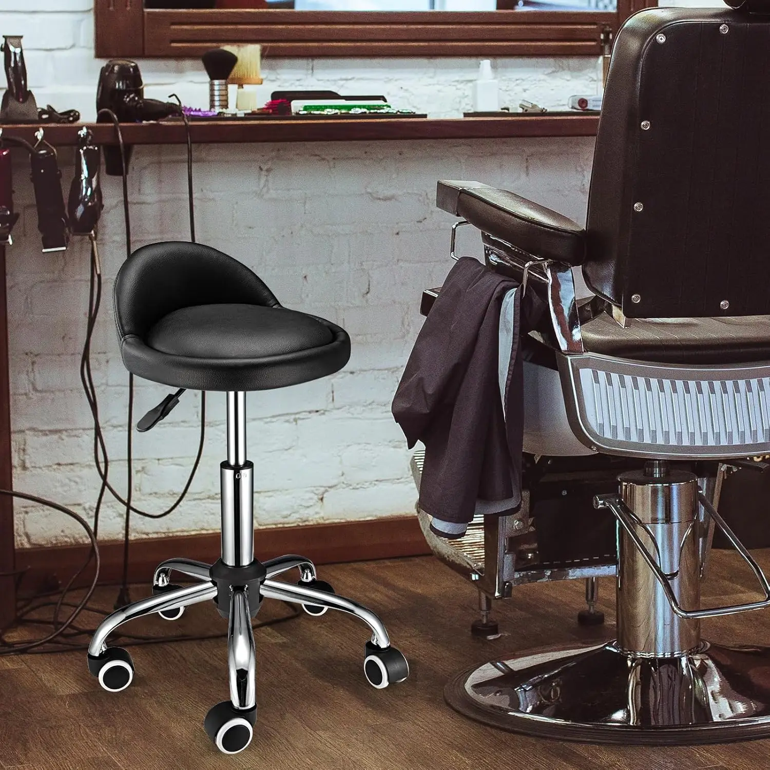 เก้าอี้สตูลหมุนได้แบบปรับได้พร้อมพนักพิง ล้อ และหนัง PU - รองรับน้ำหนักได้ 250 ปอนด์