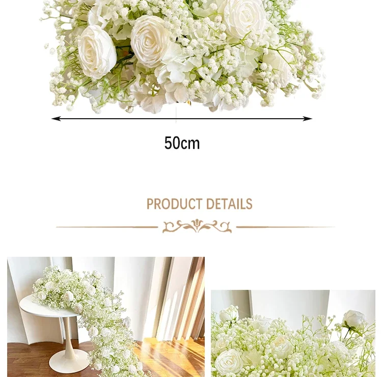 Weiße Rose Babybreath Künstliche Blumenreihe Kaskadierende Seidenblumengirlande Hochzeitstischläufer Bogenrand Zeremonie Empfang Deko – Detail 3