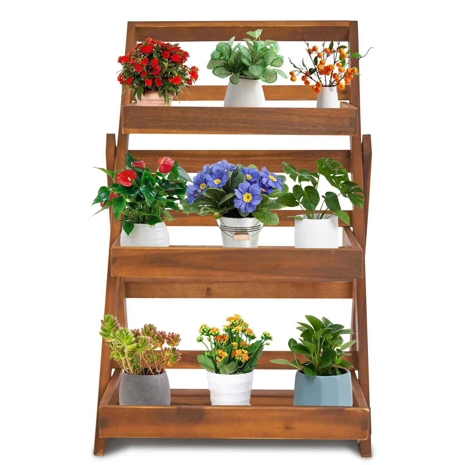 3-laags acaciahout plantenstandaard, opvouwbaar compact displayrek voor binnen en buiten voor planten en decoratieve artikelen