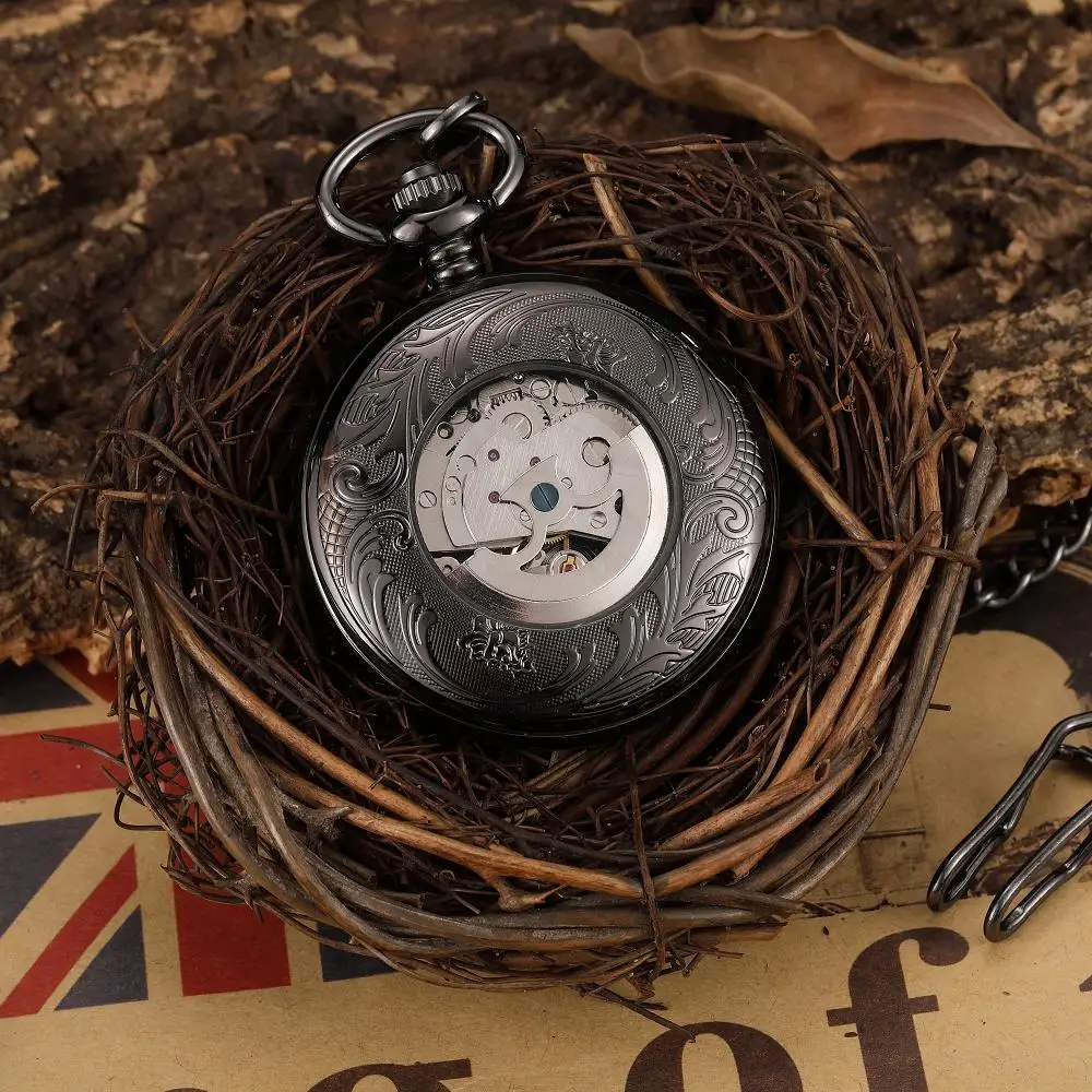 Black Mechanical Pocket Watch Luminous Roman Numeral Hollow Skeleton Flip Cover Steampunk Timepiece with Fob Chain