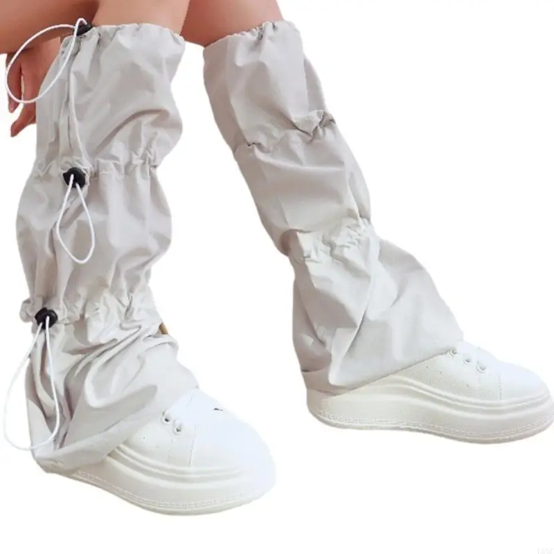 L5YC Harajuku Cargo Leg Covers with Adjustable Drawstring Motorcycle Punk Baggy Footless Socks Stacked Leg Warmers for Women
