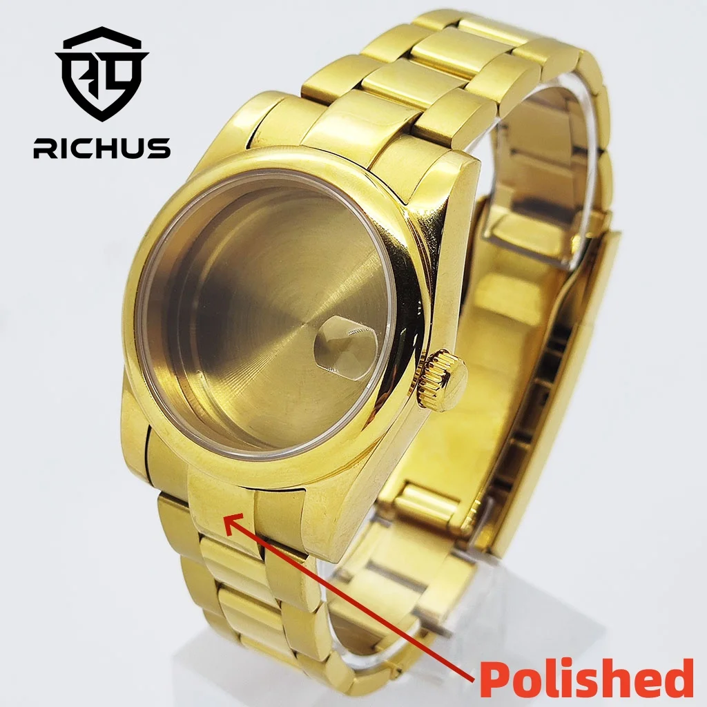 

Золотой корпус RICHUS 36/39 мм с полированным ремешком и сапфировым стеклом, подходит для NH34 NH35 NH36 Miyota8215-DG ETA2824 PT5000, аксессуары для часов с механизмом