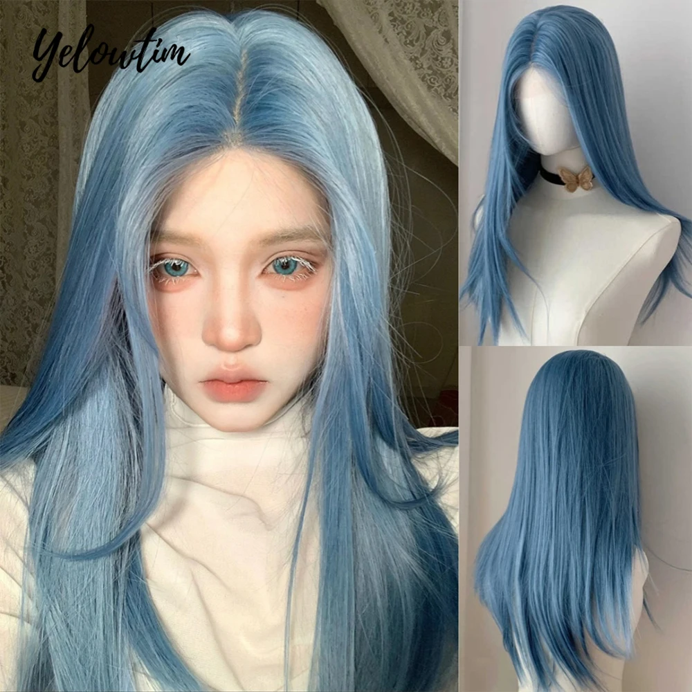 

YELOWTIM Long Straight Synthetic Wigs with Bangs Blue Green Cosplay Party Lolita Hair Wigs for Women Natural Heat Resistant Wig