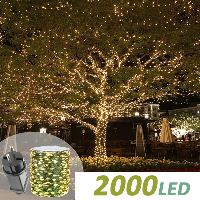 Christmas Green Cable More LED String Fairy Lights Garland Outdoor Waterproof Decoration Lamp For Party Halloween Garden House