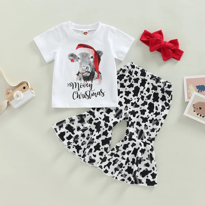 

Christmas Toddler Boys Outfits Reindeer Print Long Sleeve Tops and Casual Elk Print Flare Pants Headbands Set for Winter