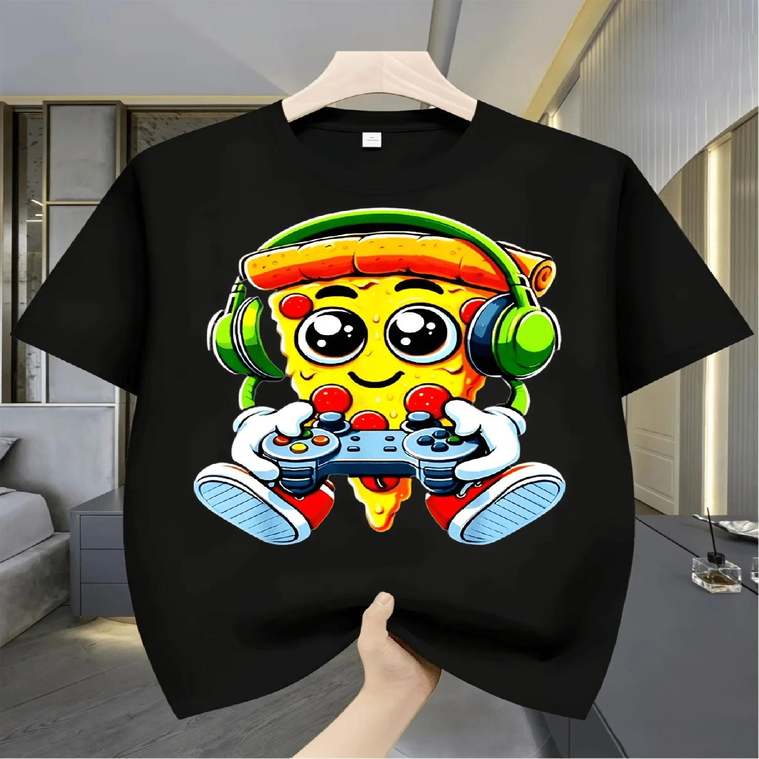 Funny Gamer Pizza Gaming Food Lovers Play Video Games Gift T-Shirt Same Style for Men And Women Summer Short-Sleeved Printed T-Shirt Pure Funny Graphic Tees Perfect Gift Idea for Birthday Holiday 100% cotton t shirt, Gift tshirt