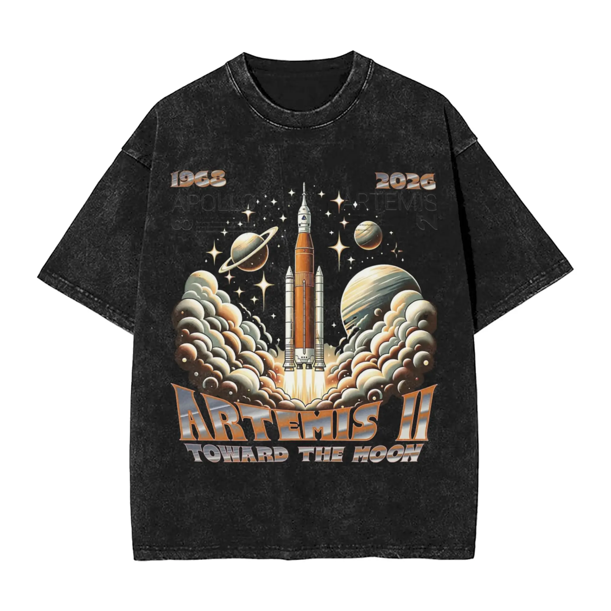 Artemis II Lunar Mission 2026 Retro Space T Shirt Hip Hop Washed Cotton Oversize T-Shirt Men Women Tops Streetwear Tee Shirt
