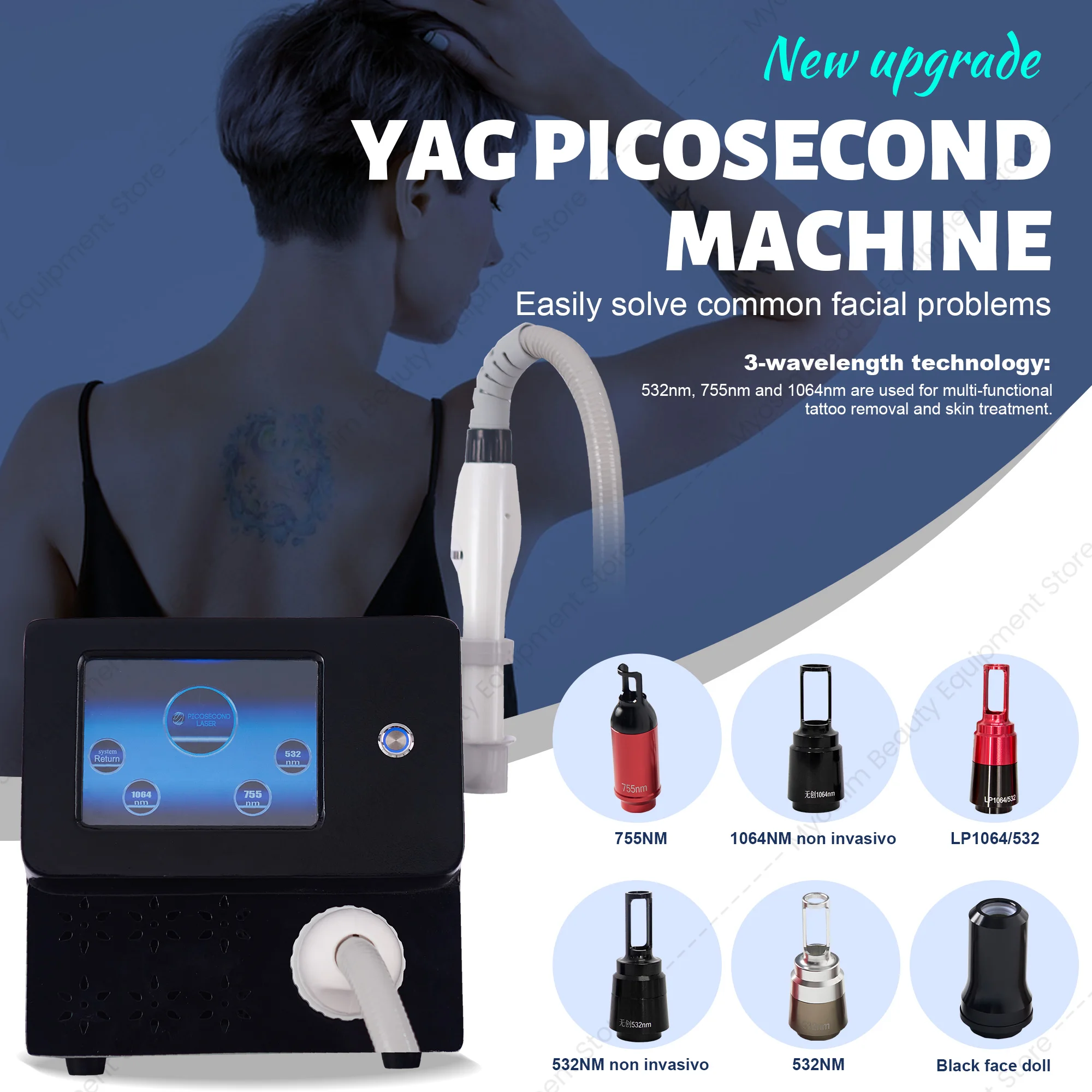 755nm 1064nm 532nm Three Wavelengths Picosecond Lase Six Replaceable Probes Fade Stretch Marks Remove Tattoos Remove Acne Scars