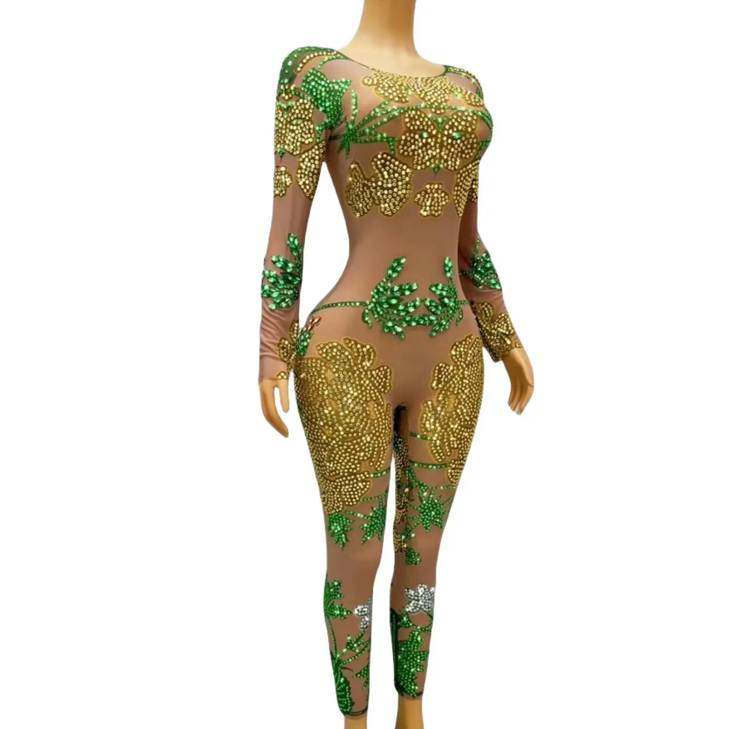 Mulheres Stretch Skinny Verde Strass Playsuits, 1 peça de Palco Traje, Macacões Sexy, Showgirl Performance de Dança, Clube Festa