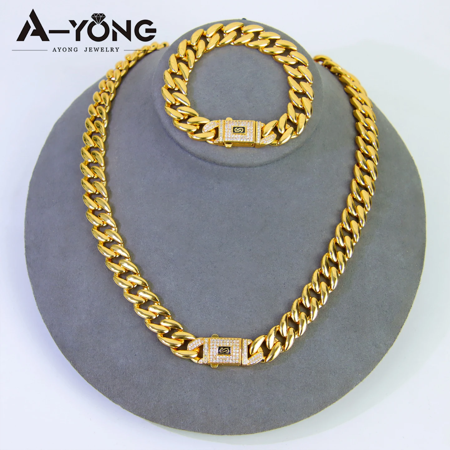 Luxuriöses Zirkonia Monaco Schmuckset 21k Vergoldet Italienischer Hip-Hop Kubanische Halskette Armband Ring Ohrringe Damen Punk Schmuck – Detail 13
