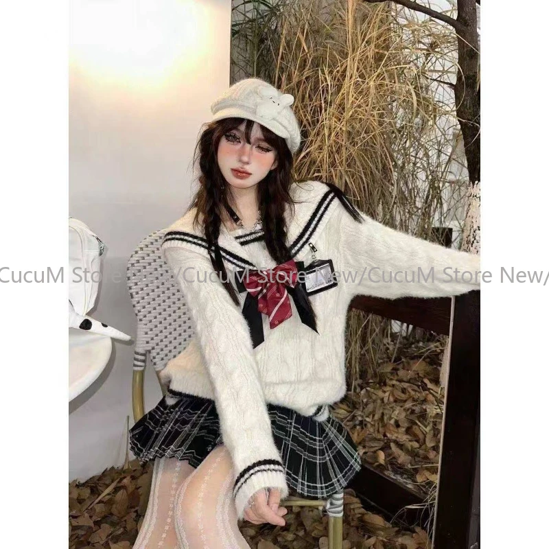 Japanse Kawaii Gebreide Trui Vrouwen Preppy Stijl Koreaanse Sailor Kraag Boog Patchwork Truien Vintage Zoete Y2k Jumpers