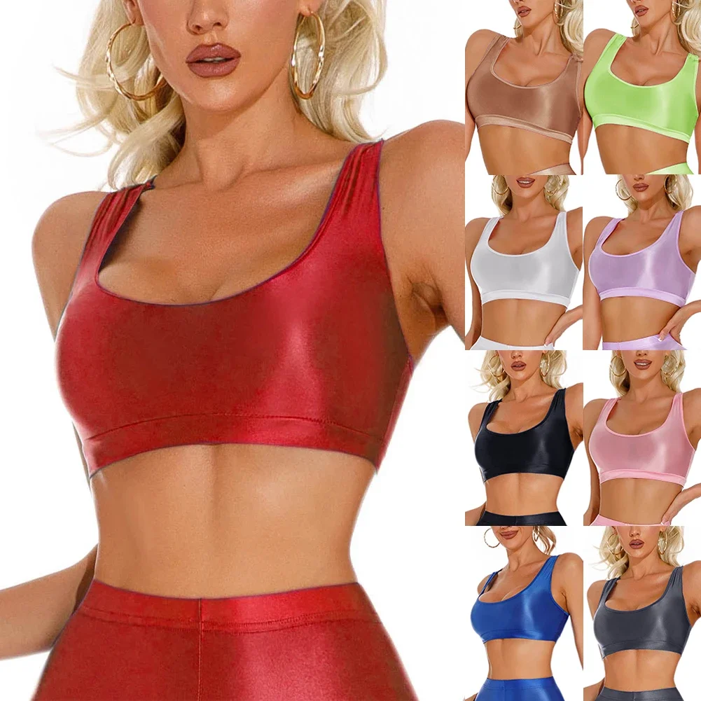 

Women Sexy Shinny Glossy Crop Top Tank Tops Vest Gym Sports U Neck Bra Tanks Vests Yoga T-Shirts High Elastic