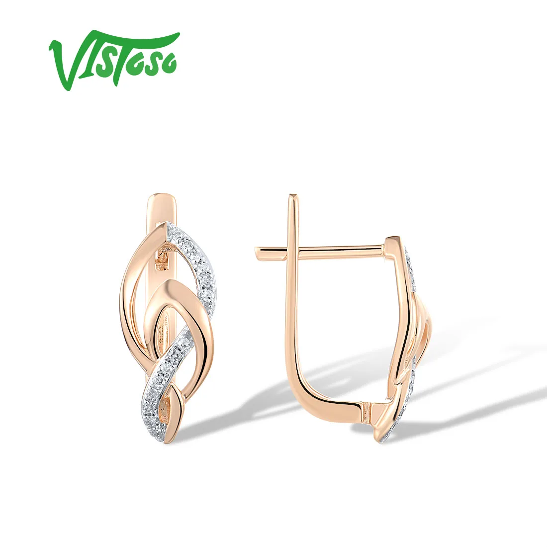VISTOSO Authentic 14K 585 Rose Gold Statement Earrings For Lady Sparkling Diamond Double Twist Wedding Engagement Fine Jewelry