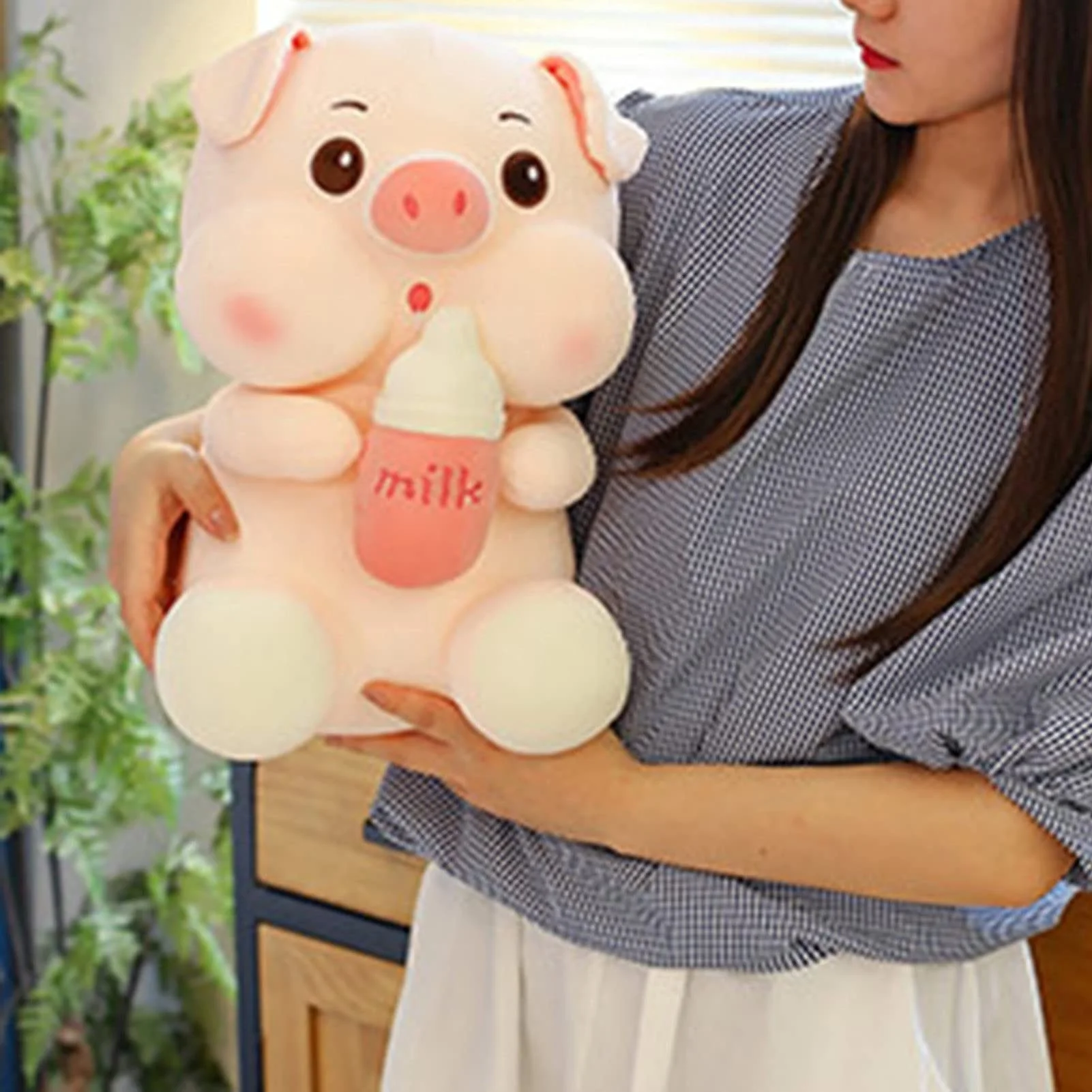 Plush Cute Plush Doll Wide Application Finely Stitched PP Cotton Squinted Pig Stuffed Toy with Nursing Bottle for Home Ornament