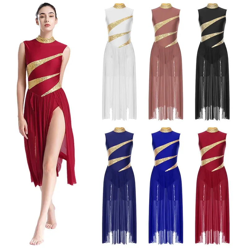 فستان رقص غنائي نسائي برقبة وهمية بدون أكمام مع فتحة خلفية لامعة ترتر سبليت فستان أداء المسرح زي Dancewear