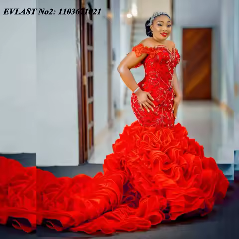 EVLAST Customized Luxury African Red Ruffles Prom Dress For Black Girls Applique Beading Formal Party Dress Evening Gown E2P79