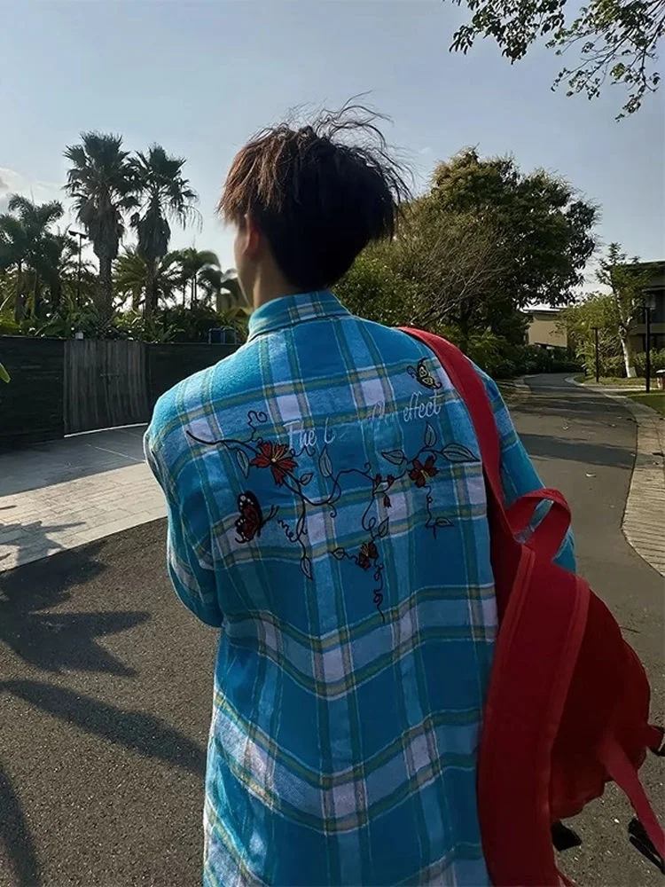 

Blue Floral Embroidery Plaid Long Sve Men's irt Spring Autumn Cleanfit Outerwear Casual Trendy Design Loose Fit Youthful